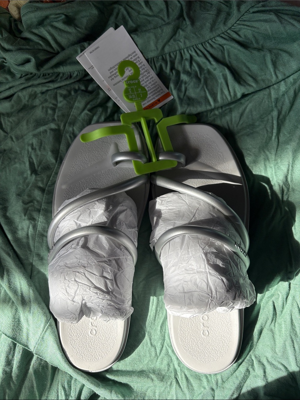 CROCS Silver Strappy Slide Sandals with White Footbed